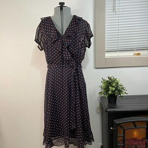 MSK Petites Navy Blue and Pink Polka Dot Ruffled Fit and Flare Dress size 10P